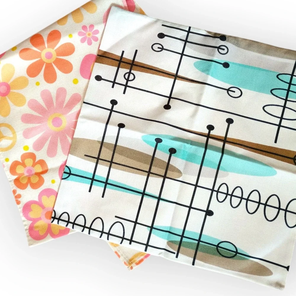 Retro MCM Atomic Pillow Cover and 70s Floral Peace Sign Table Runner Set